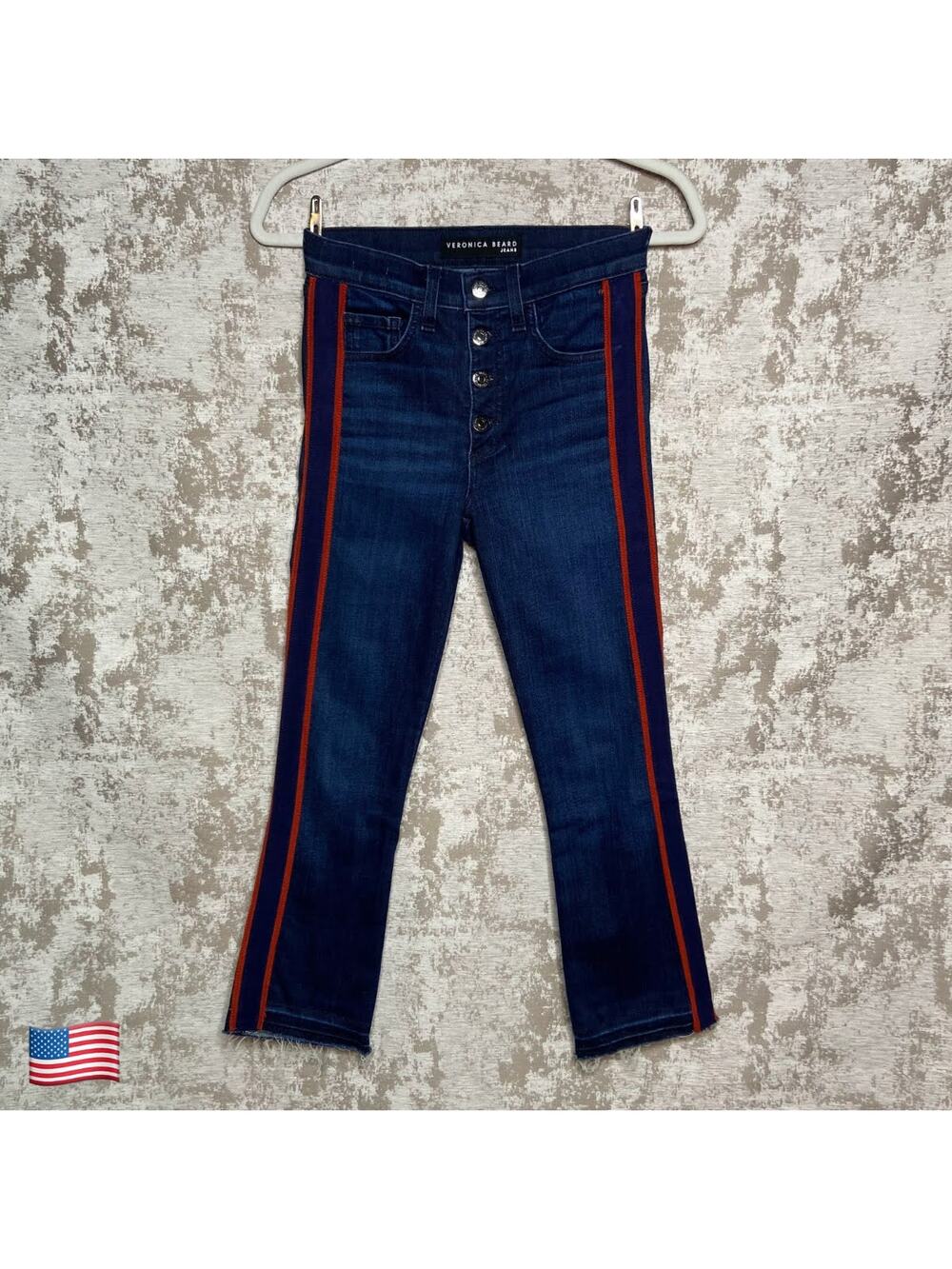 Veronica Beard Carolyn Baby Boot Jeans in Midnight Fray with Navy & Red